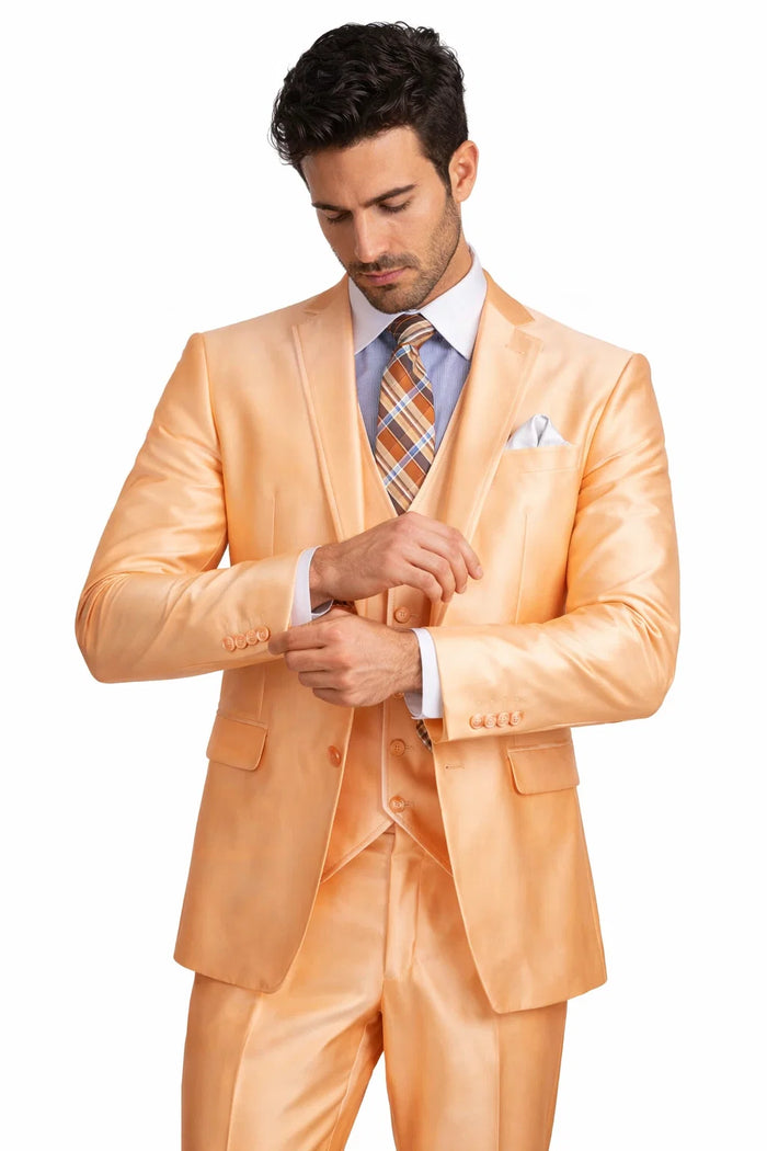 Mes Orange Sharkskin Tuxedo Suit Slim Fit 3-Piece Wedding & Prom Style