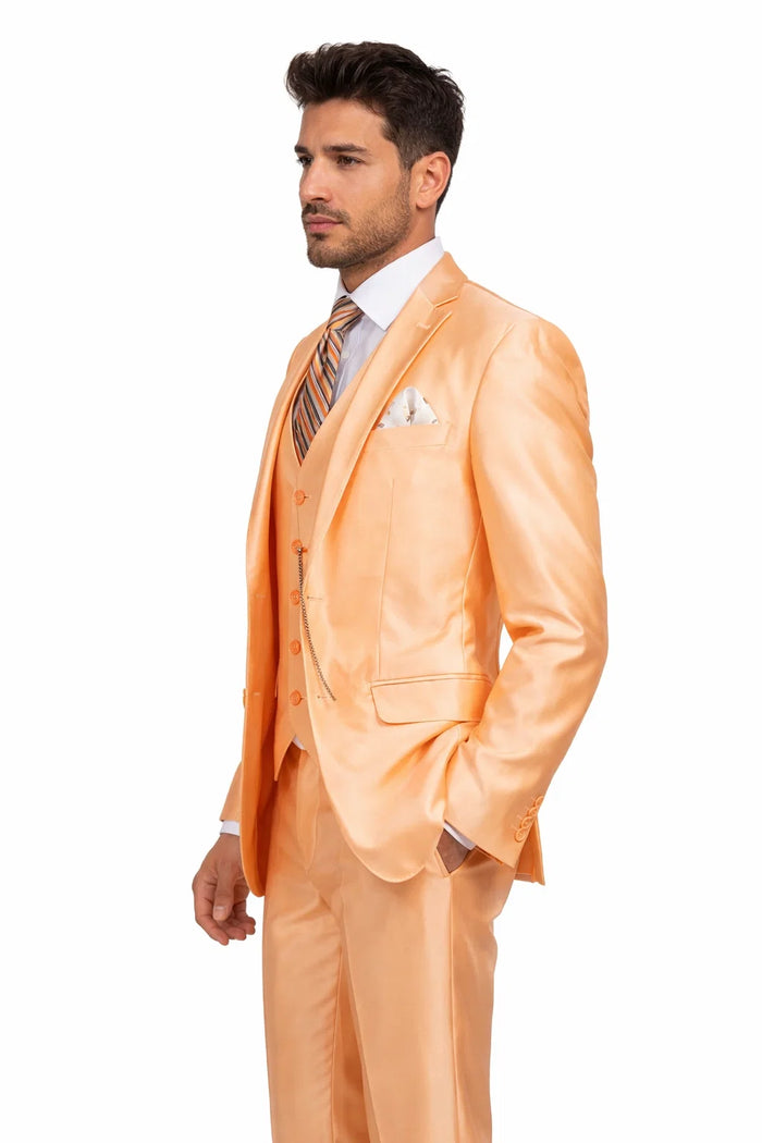 Mes Orange Sharkskin Tuxedo Suit Slim Fit 3-Piece Wedding & Prom Style