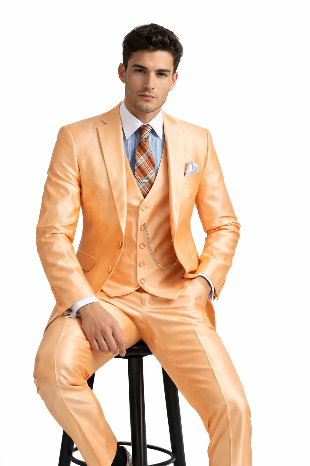 Men’s Orange Sharkskin Tuxedo Suit – Slim Fit 3-Piece Wedding & Prom Style - 38 Short Jacket+32 Waist Adjustable 28to34)(Height: 5 4 to5 7 )(Neck  15-16.5)S-M)