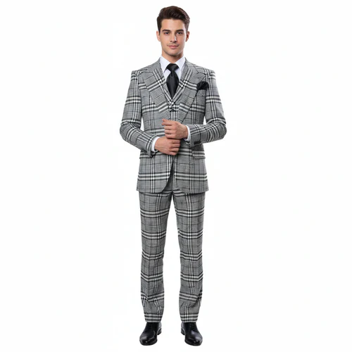 Suits With Baggy Pleated Pants - Wide Leg Pants 100% Wool - Classic Fit in One Button 3 Piece Suit by Rossiman