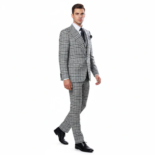 Suits With Baggy Pleated Pants - Wide Leg Pants 100% Wool - Classic Fit in One Button 3 Piece Suit by Rossiman - 38 Regular