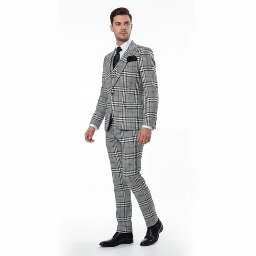 Suits With Baggy Pleated Pants - Wide Leg Pants 100% Wool - Classic Fit in One Button 3 Piece Suit by Rossiman - 38 Regular
