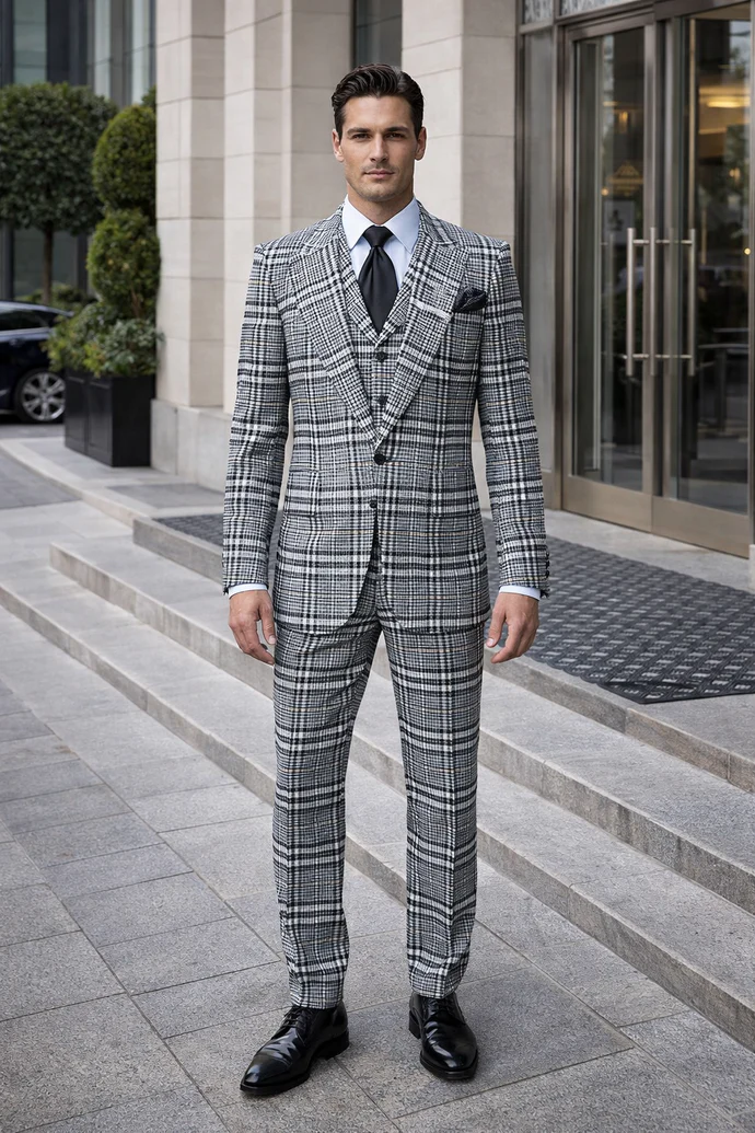 Suits With Baggy Pleated Pants - Wide Leg Pants 100% Wool - Classic Fit in One Button 3 Piece Suit by Rossiman - 38 Regular