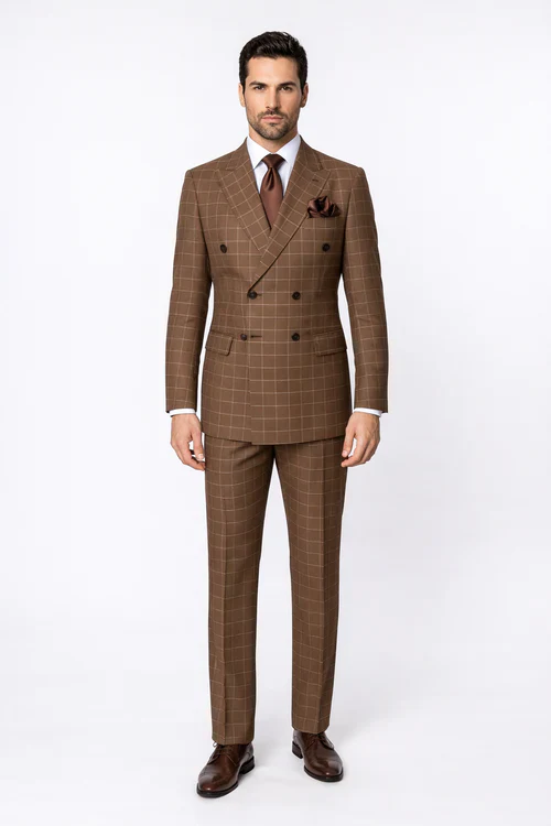 Suits With Baggy Pleated Pants - Wide Leg Pants 100% Wool - Classic Fit in Brown Plaid Color by Rossiman - 38 Regular