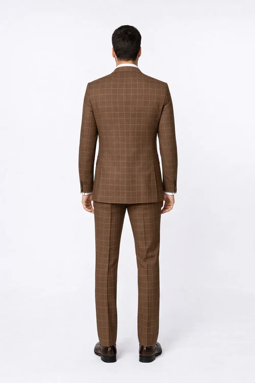 Suits With Baggy Pleated Pants - Wide Leg Pants 100% Wool - Classic Fit in Brown Plaid Color by Rossiman - 38 Regular