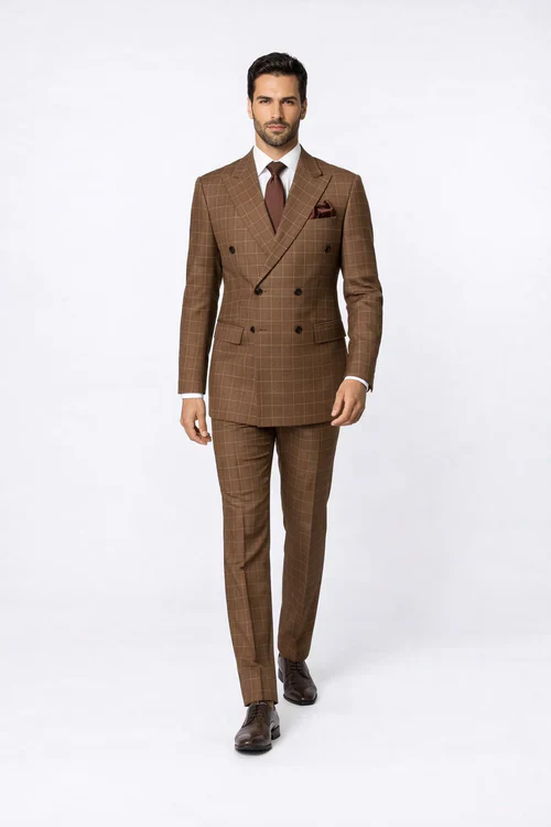 Suits With Baggy Pleated Pants - Wide Leg Pants 100% Wool - Classic Fit in Brown Plaid Color by Rossiman - 38 Regular