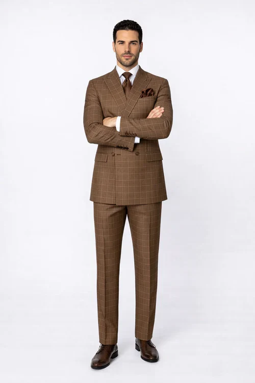 Suits With Baggy Pleated Pants - Wide Leg Pants 100% Wool - Classic Fit in Brown Plaid Color by Rossiman - 38 Regular