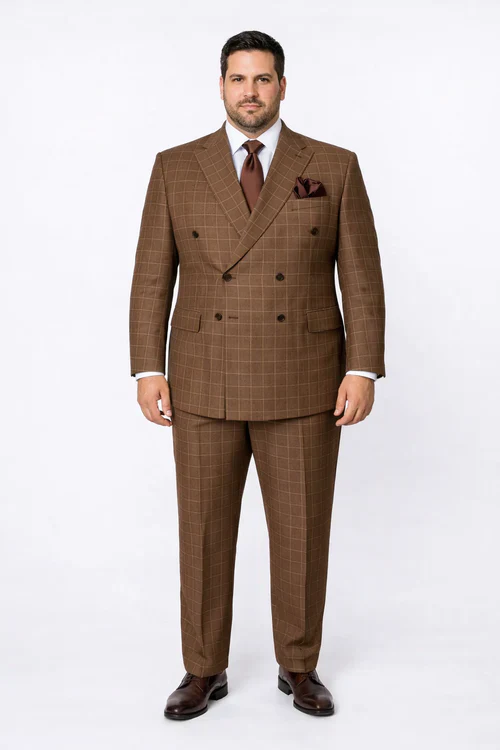 Suits With Baggy Pleated Pants - Wide Leg Pants 100% Wool - Classic Fit in Brown Plaid Color by Rossiman - 38 Regular