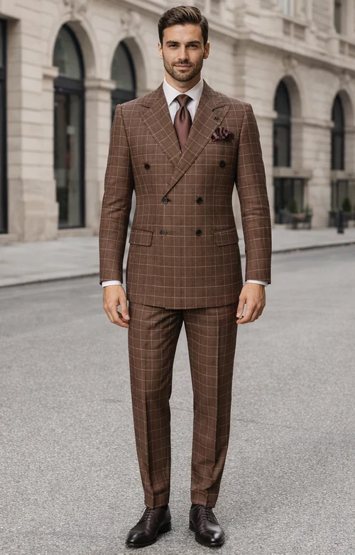Suits With Baggy Pleated Pants - Wide Leg Pants 100% Wool - Classic Fit in Brown Plaid Color by Rossiman