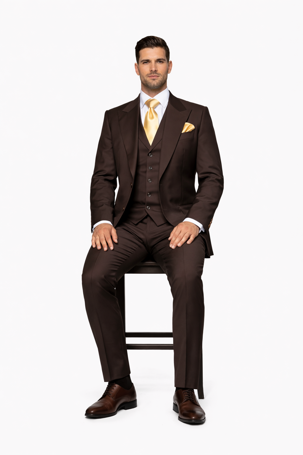 Suits With Baggy Pleated Pants - Wide Leg Pants 100% Wool - Classic Fit in Brown One Button 3 Piece Suit  by Rossiman - 38 Regular