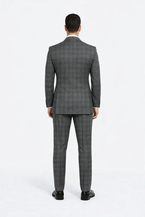 Suits With Baggy Pleated Pants - Wide Leg Pants 100% Wool - Classic Fit in Color Charcoal with Blue Plaid by Rossiman - 38 Regular