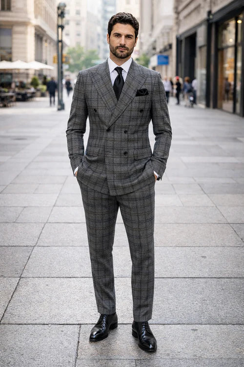 Suits With Baggy Pleated Pants - Wide Leg Pants 100% Wool - Classic Fit in Color Charcoal with Blue Plaid by Rossiman