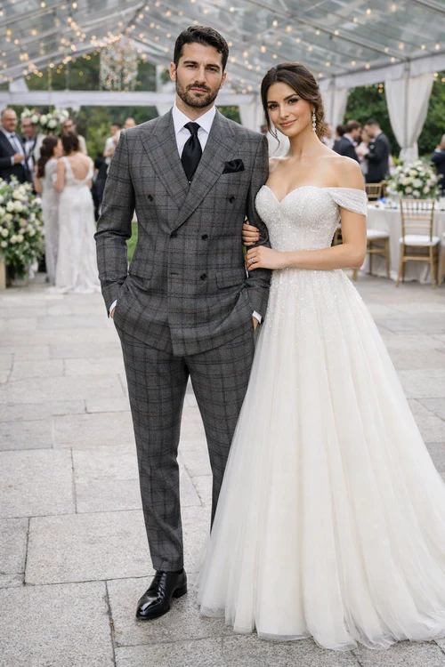 Suits With Baggy Pleated Pants - Wide Leg Pants 100% Wool - Classic Fit in Color Charcoal with Blue Plaid by Rossiman - 38 Regular