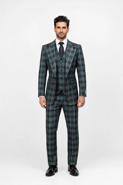 Suits With Baggy Pleated Pants - Wide Leg Pants 100% Wool - Classic Fit in Green Color by Rossiman - 38 Regular