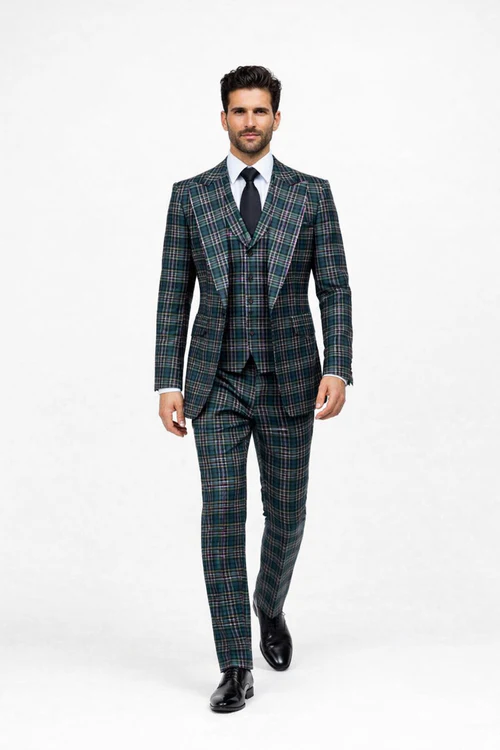 Suits With Baggy Pleated Pants - Wide Leg Pants 100% Wool - Classic Fit in Green Color by Rossiman - 38 Regular