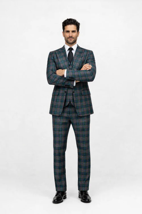 Suits With Baggy Pleated Pants - Wide Leg Pants 100% Wool - Classic Fit in Green Color by Rossiman - 38 Regular