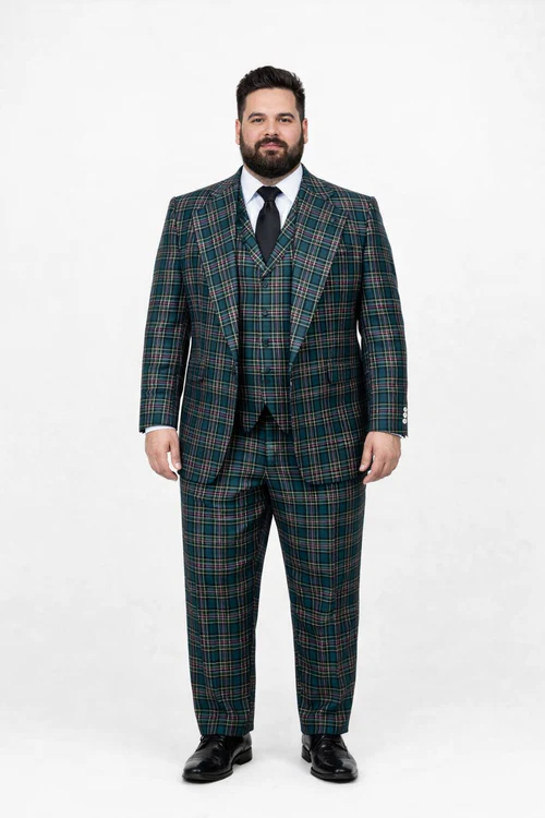 Suits With Baggy Pleated Pants - Wide Leg Pants 100% Wool - Classic Fit in Green Color by Rossiman - 38 Regular