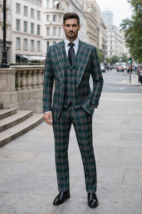 Suits With Baggy Pleated Pants - Wide Leg Pants 100% Wool - Classic Fit in Green Color by Rossiman - 38 Regular