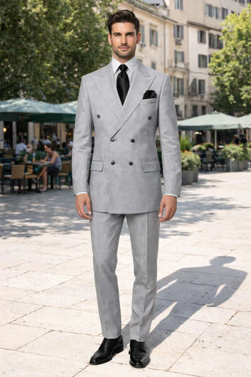 Suits With Baggy Pleated Pants - Wide Leg Pants 100% Wool - Classic Fit in Grey Color by Rossiman - 38 Regular