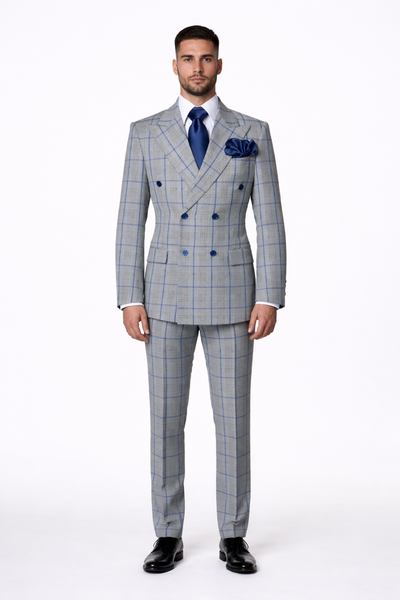 Suits With Baggy Pleated Pants - Wide Leg Pants 100% Wool - Classic Fit in Color Grey with Blue Plaid by Rossiman