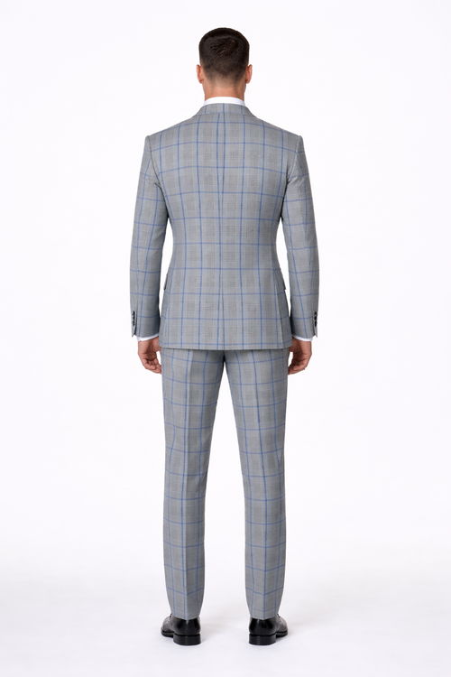Suits With Baggy Pleated Pants - Wide Leg Pants 100% Wool - Classic Fit in Color Grey with Blue Plaid by Rossiman