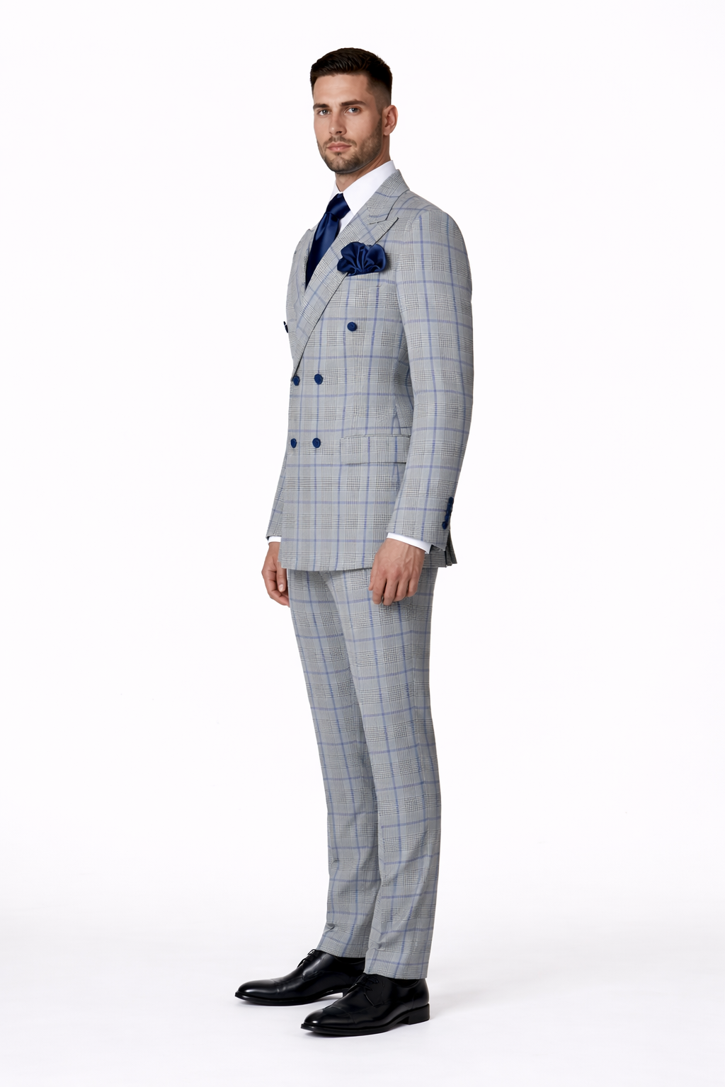 Suits With Baggy Pleated Pants - Wide Leg Pants 100% Wool - Classic Fit in Color Grey with Blue Plaid by Rossiman - 38 Regular