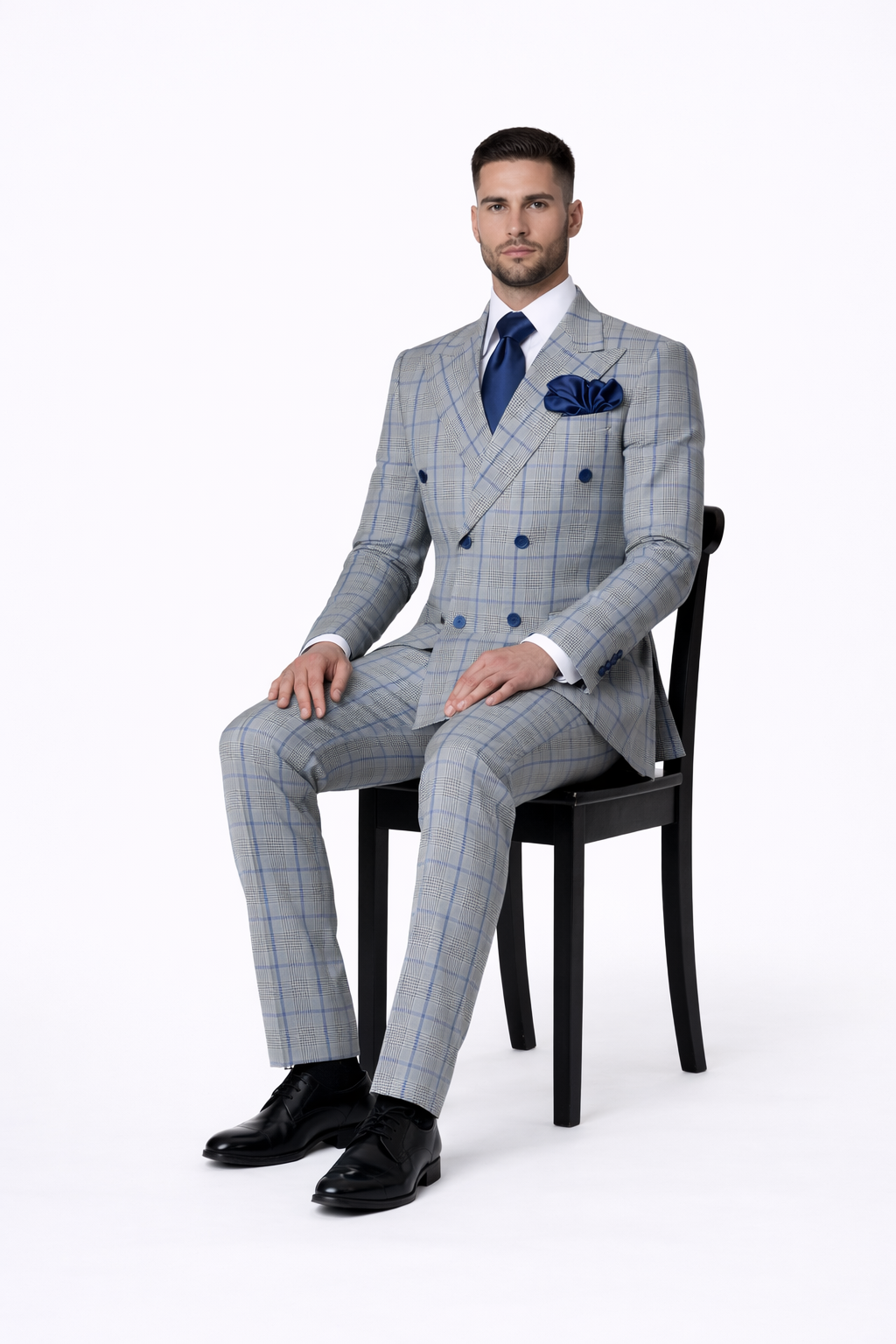 Suits With Baggy Pleated Pants - Wide Leg Pants 100% Wool - Classic Fit in Color Grey with Blue Plaid by Rossiman - 38 Regular