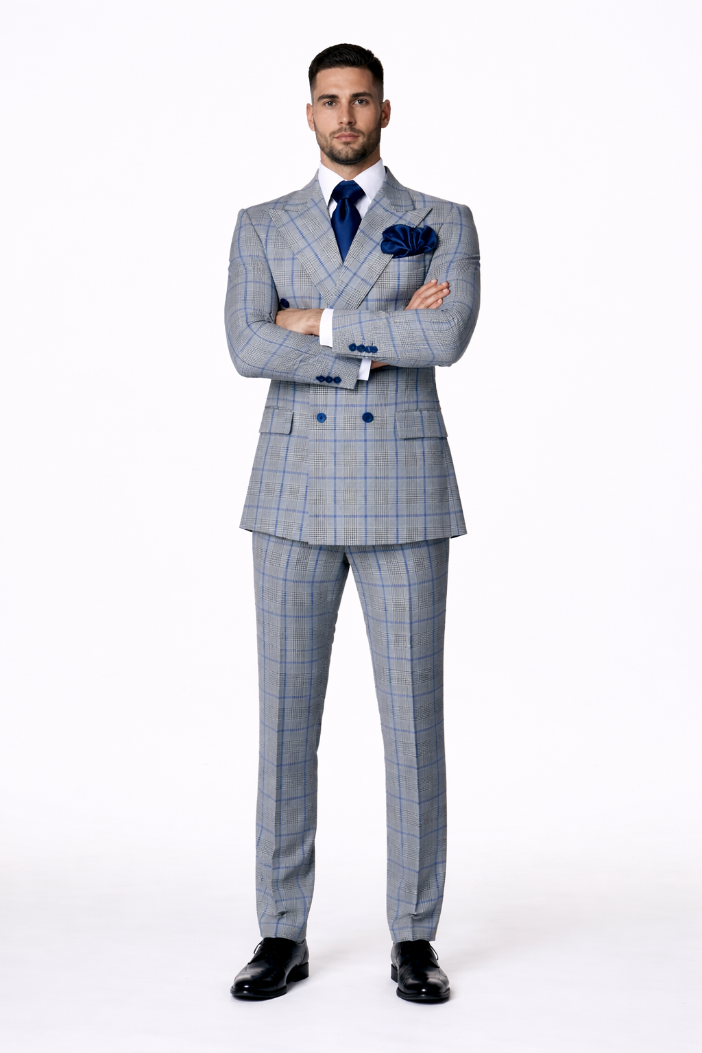 Suits With Baggy Pleated Pants - Wide Leg Pants 100% Wool - Classic Fit in Color Grey with Blue Plaid by Rossiman - 38 Regular