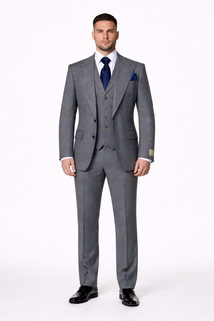 Suits With Baggy Pleated Pants - Wide Leg Pants 100% Wool - Classic Fit Gray Color by Rossiman