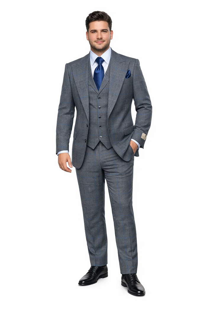 Suits With Baggy Pleated Pants - Wide Leg Pants 100% Wool - Classic Fit Gray Color by Rossiman