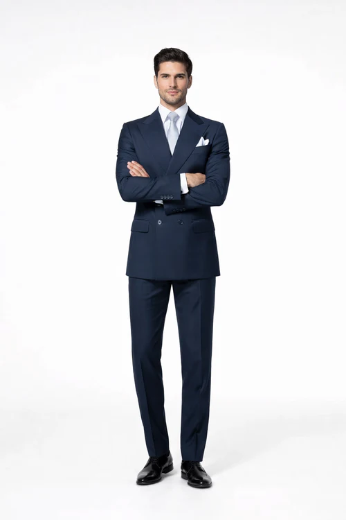 Suits With Baggy Pleated Pants - Wide Leg Pants 100% Wool - Classic Fit in Navy Color by Rossiman