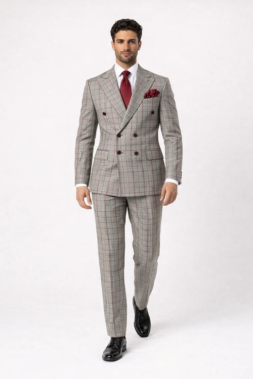 Suits With Baggy Pleated Pants - Wide Leg Pants 100% Wool - Classic Fit in Color Grey with Red Plaid by Rossiman - 38 Regular