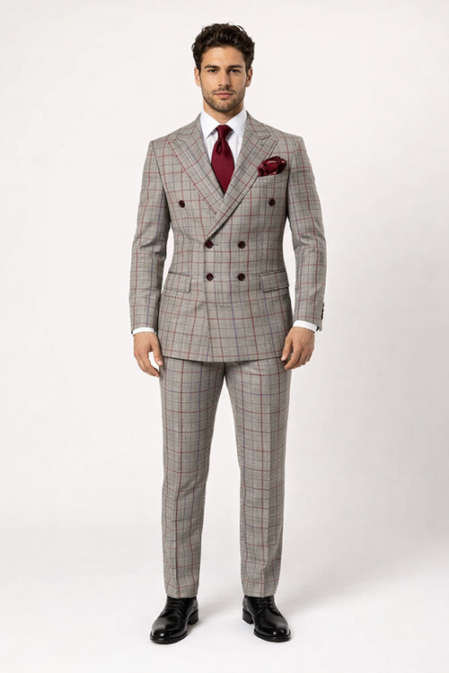Suits With Baggy Pleated Pants - Wide Leg Pants 100% Wool - Classic Fit in Color Grey with Red Plaid by Rossiman - 38 Regular