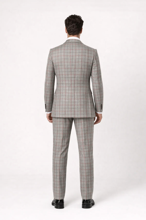Suits With Baggy Pleated Pants - Wide Leg Pants 100% Wool - Classic Fit in Color Grey with Red Plaid by Rossiman - 38 Regular