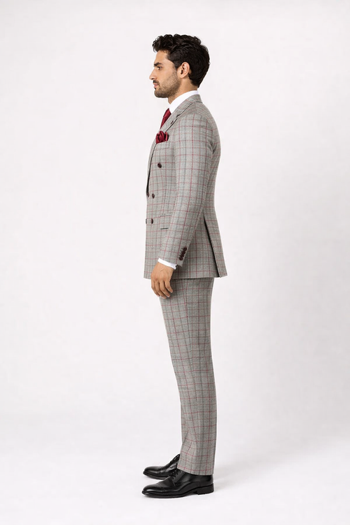 Suits With Baggy Pleated Pants - Wide Leg Pants 100% Wool - Classic Fit in Color Grey with Red Plaid by Rossiman - 38 Regular