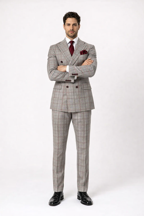 Suits With Baggy Pleated Pants - Wide Leg Pants 100% Wool - Classic Fit in Color Grey with Red Plaid by Rossiman - 38 Regular