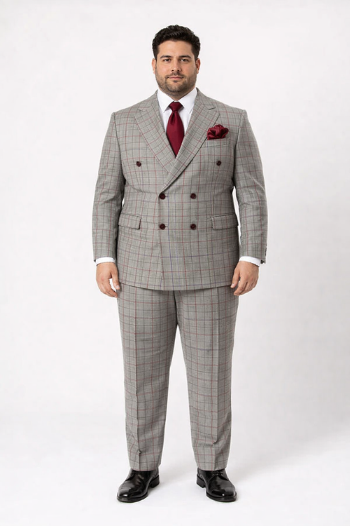 Suits With Baggy Pleated Pants - Wide Leg Pants 100% Wool - Classic Fit in Color Grey with Red Plaid by Rossiman - 38 Regular