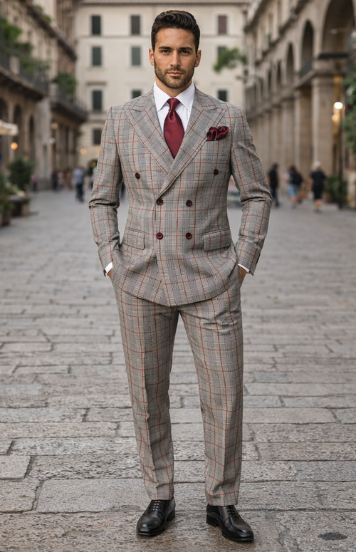 Suits With Baggy Pleated Pants - Wide Leg Pants 100% Wool - Classic Fit in Color Grey with Red Plaid by Rossiman - 38 Regular