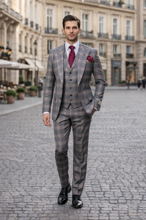 Suits With Baggy Pleated Pants - Wide Leg Pants 100% Wool - Classic Fit Single Breast Lapel Vest by Rossiman-New Designer Collection - 38 Regular