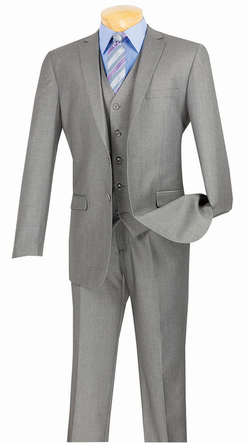 Medium Gray Solid Medium Gray Slim Fit Men's Suit 3 Piece 2 Button