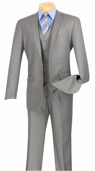 Medium Gray Solid Medium Gray Slim Fit Men's Suit 3 Piece 2 Button