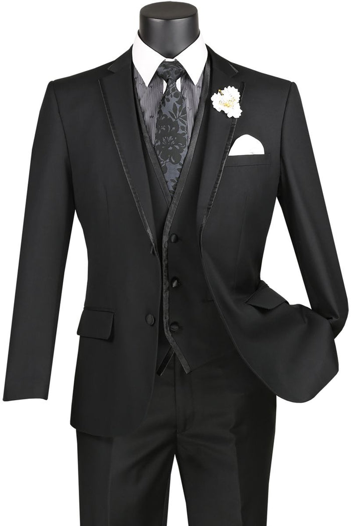 Vinci Men's Wool Feel Slim Fit 3 Piece Suit with Lapel Accent