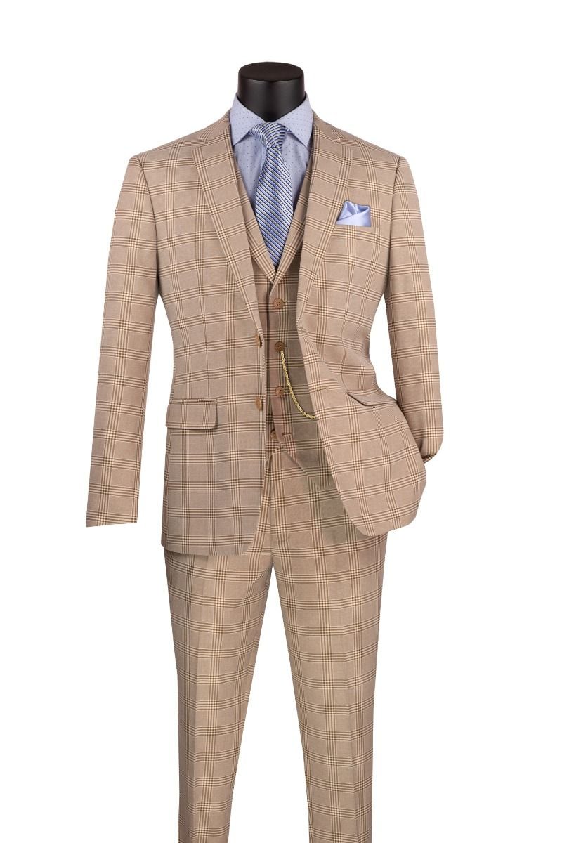 Vinci Men's 3-Piece Fit Glen Plaid Suit - 38 Short Jacket+32 Waist Adjustable 28to34)(Height: 5 4 to5 7 )(Neck  15-16.5)S-M)