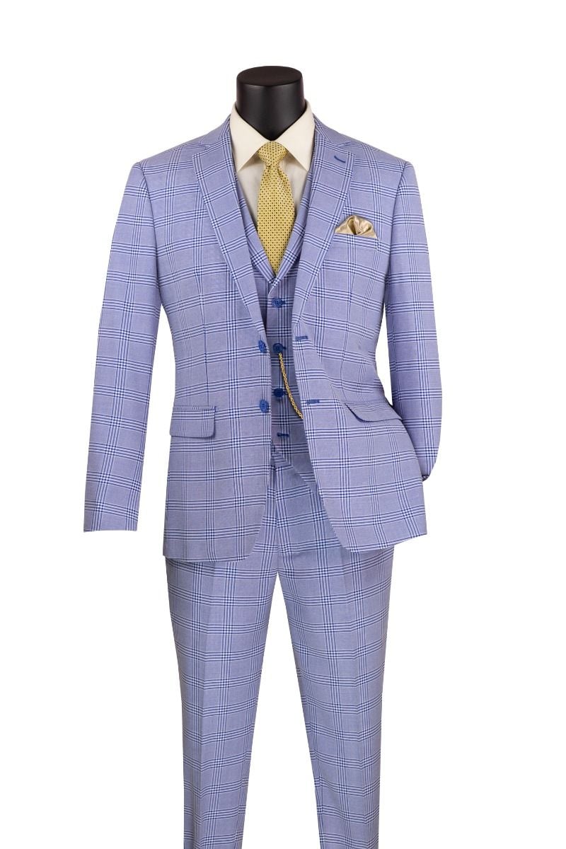 Vinci Men's 3-Piece Fit Glen Plaid Suit - 38 Short Jacket+32 Waist Adjustable 28to34)(Height: 5 4 to5 7 )(Neck  15-16.5)S-M)
