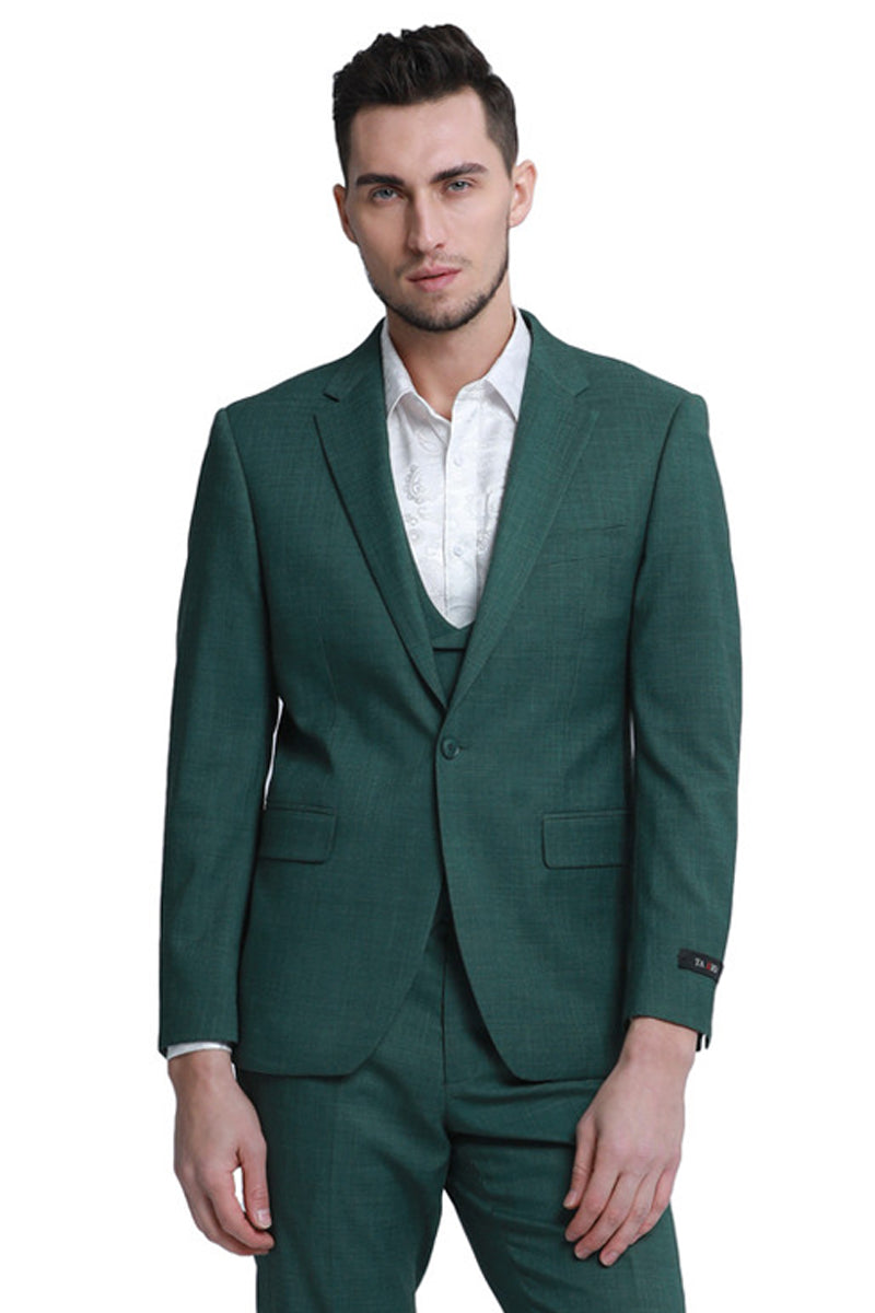 "Sharkskin Wedding Suit: Men's Slim Fit Double Breasted Vest in Hunter Green" - 34 Short