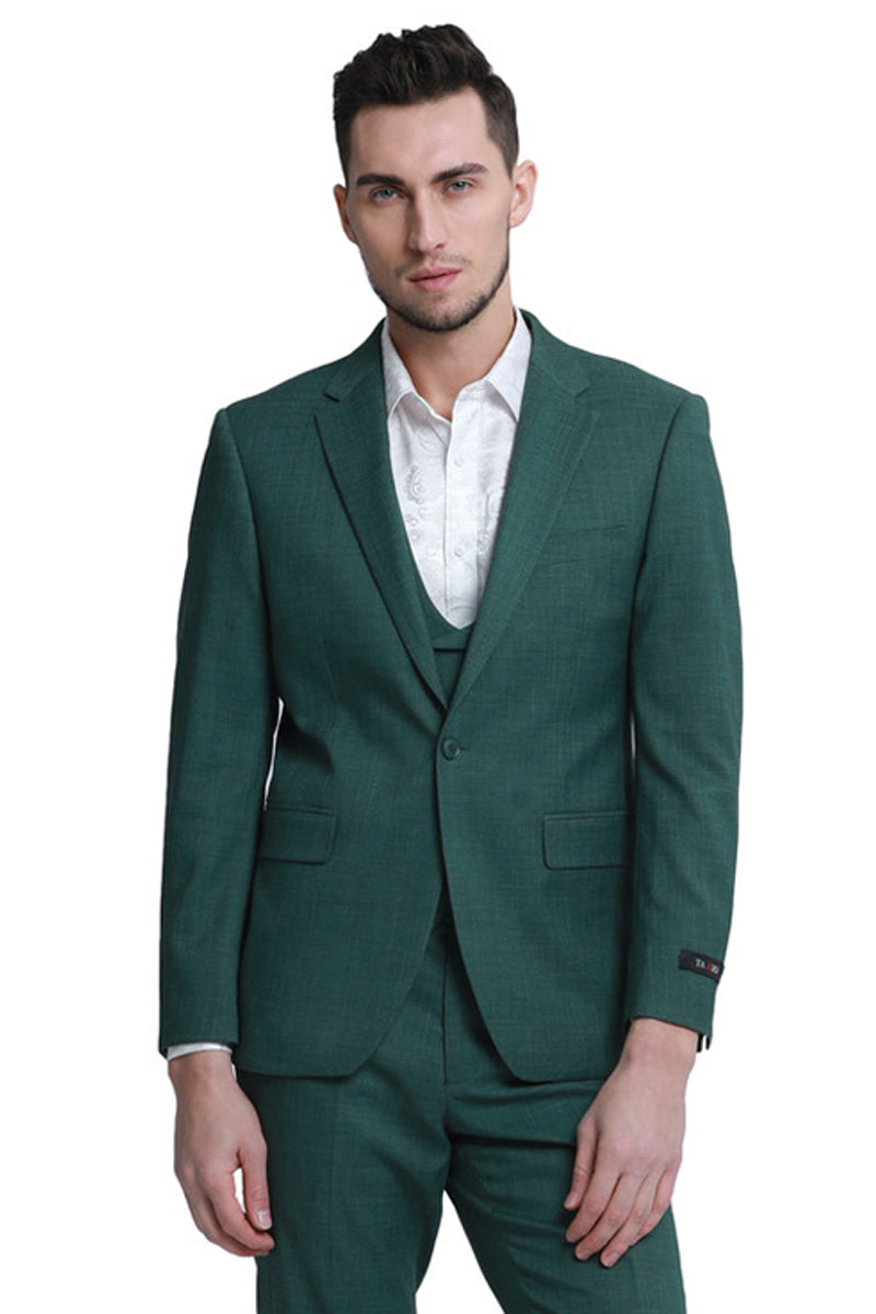 "Sharkskin Wedding Suit: Men's Slim Fit Double Breasted Vest in Hunter Green"