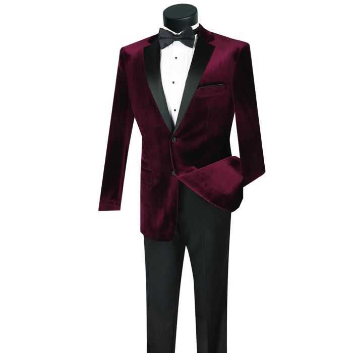 Mens Burgundy Velvet Notch Prom Tuxedo Dinner Jacket - Mens Evening jackets - Tuxedo Dinner Jacket