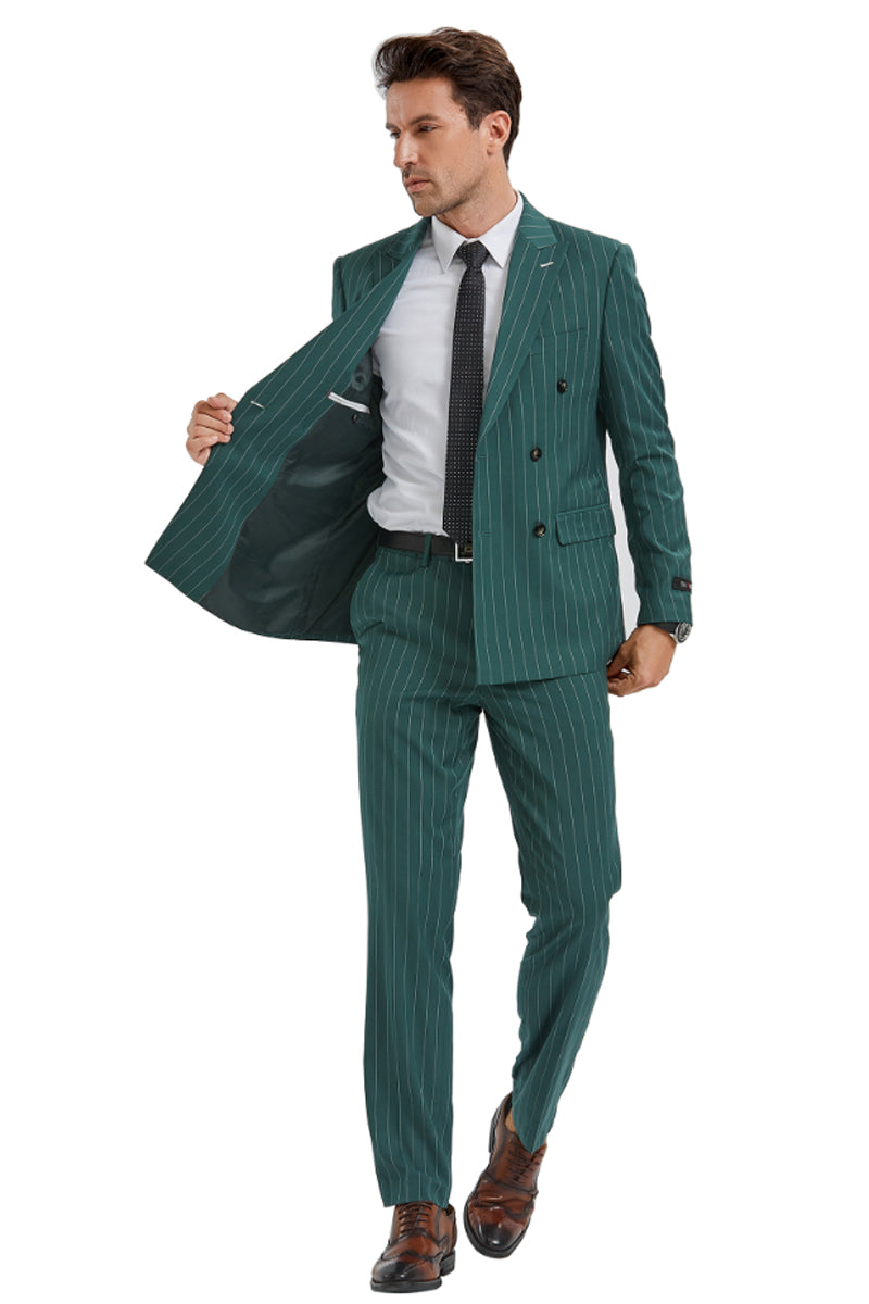 "Men's Slim Fit Pinstripe Suit - Double Breasted Bold Gangster in Hunter Green"