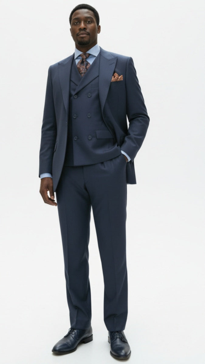 Mens Suit With Pleated Pants - Semi Wide Leg 100% Wool Super 150's Big Peak Lapel Classic Fit Athletic Cut With Double breasted Vest in Dusty Blue - 34 Short or Extra Small