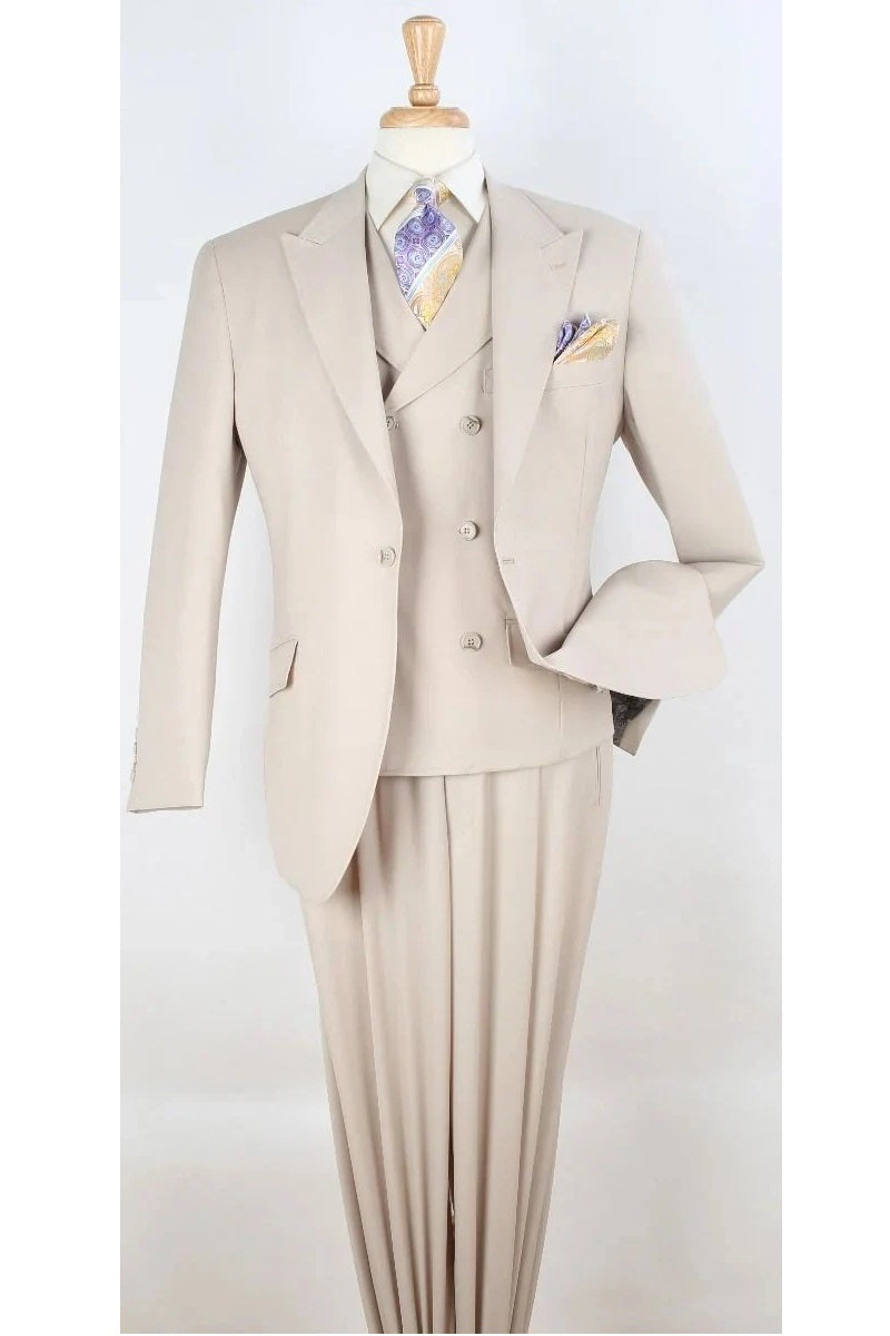 Big and Tall Business Suits - Suits For Big Man - Large Men's Tan Vested Wool Suits - Wide Leg Pants - 38R